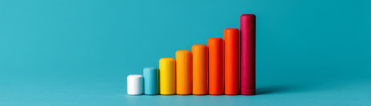 Colorful cylindrical bars in ascending order symbolize achieving business success with time management, representing growth, progress, and positive results in modern style