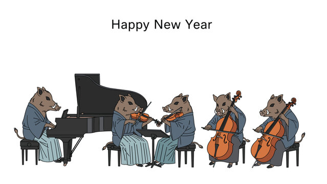 Band of wild boars dressed in traditional Japanese clothing performing classical music with piano and string instruments for New Year.