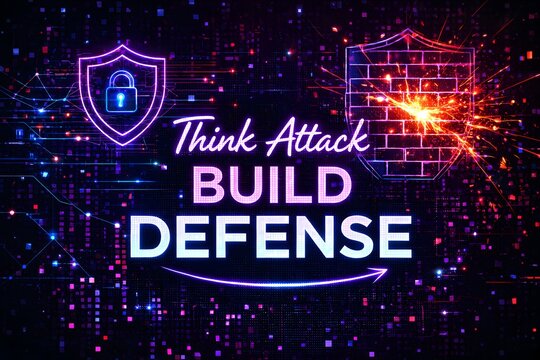 Neon cyber defense concept with shield icons and digital firewall explosion, vibrant purple and blue lighting promoting attack simulation and proactive cybersecurity strategy.