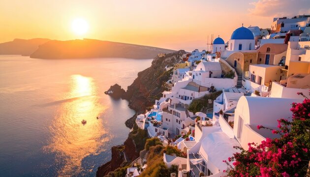 Santorini's iconic white-washed buildings and blue domes are bathed in the warm glow of a sunset over the Aegean Sea.