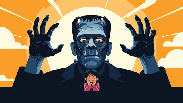 Dramatic pixel art of Frankenstein monster looming over a scared crying child against a large orange sun and cloudy sky background.