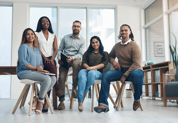 Fototapeta premium Business, team and happy with portrait in office for journalism, career development or about us. Diversity, journalists and people with smile at media agency for news reporting, copywriting or growth