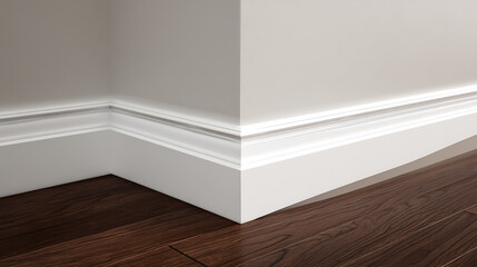 Fototapeta premium Clean, Modern Corner Baseboard Molding Detail with Hardwood Floor in a Contemporary Home Interior Design Project