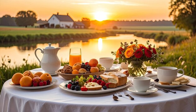 A serene breakfast spread is set on a table overlooking a tranquil river at sunrise.