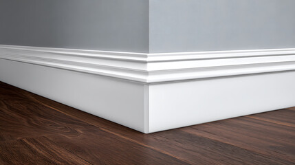 Fototapeta premium Elegant white baseboard and crown molding detail against a soft gray wall with rich dark hardwood flooring, highlighting interior design elements