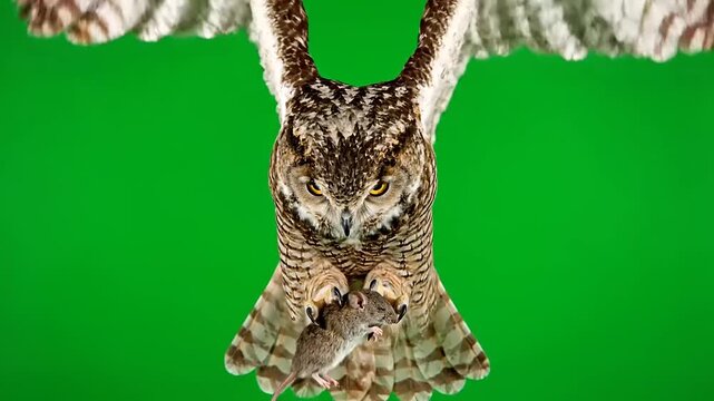 Majestic great horned owl in powerful mid-flight, clutching its captured prey firmly in sharp talons against a vibrant green screen, showcasing raw nature's predatory instinct and fierce determination