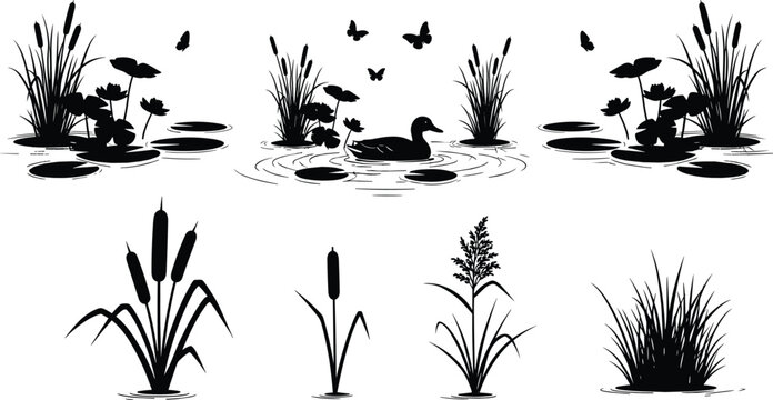 Black silhouette collection of pond marsh plants with duck butterflies cattails lily pads and reeds for nature landscape vector design