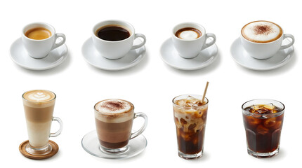 Assorted coffee drinks collection featuring espresso, cappuccino, latte, and iced coffee isolated on white background.