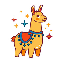 Obraz premium Adorable cartoon llama festive setting with colorful blanket and decorative collar. Smiling llama features intricate design elements and bright stars, enhancing llama festive setting illustration.