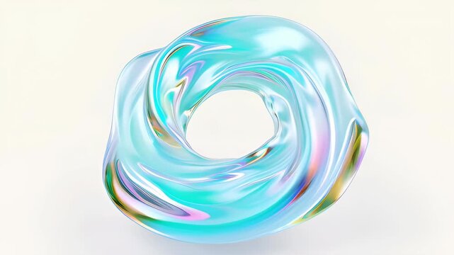 Iridescent abstract torus sculpture with glossy translucent liquid surface and soft pastel reflections conveying calm futuristic smooth elegance floating on neutral background with soft highlights