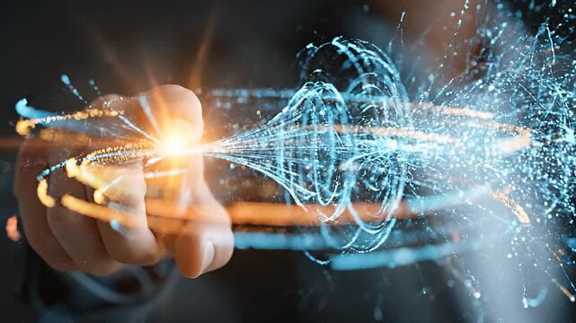 The Digital Touch: A person's hand interacts with a holographic representation of digital data, a concept of technology and interconnectedness. A visual interpretation of innovation, communication.