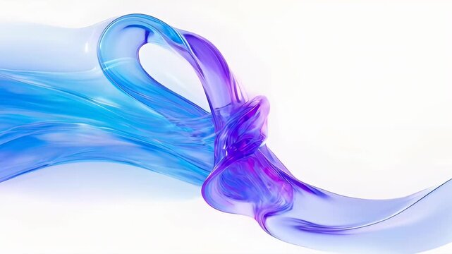 Flowing translucent ribbon of blue and purple glass forming elegant knot with sweeping curves conveying fluid motion and calm energy, vibrant magenta and cyan flowing ribbon across white background