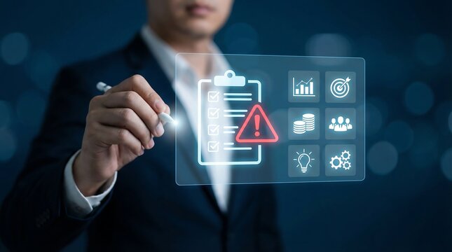 A businessman stylus on a transparent digital screen, an alert symbol within a checklist while overseeing various critical business icons. Suggesting risk management or issue resolution.