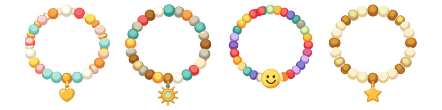 Collection of four colorful beaded bracelets with charms for children