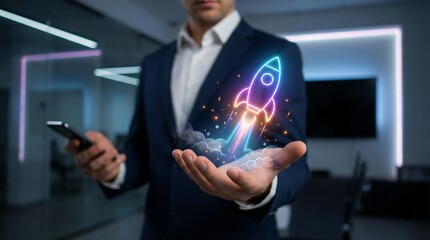 Obraz premium A professional in a dark suit holds a smartphone and displays a brightly glowing holographic rocket in his palm, representing business innovation.