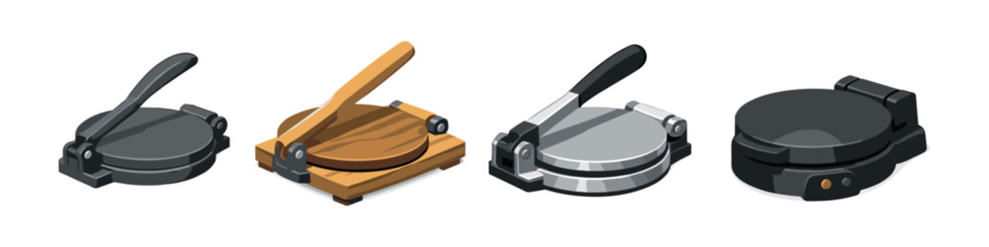 Collection of tortilla presses and a waffle maker in isometric view