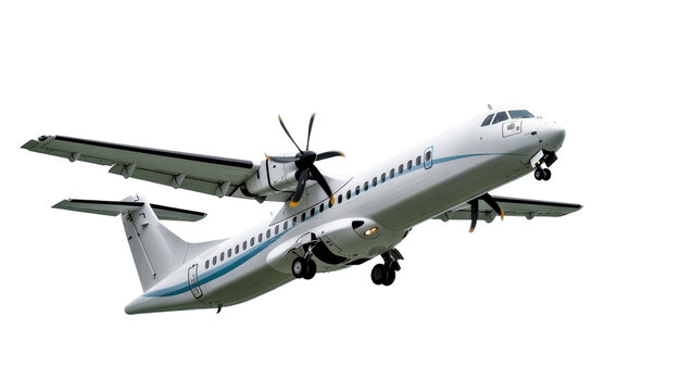 Contemporary twin-engine turboprop aircraft in flight, landing gear down for descent