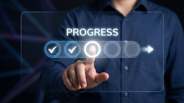 A person touches a holographic progress bar with completed steps and an active current step highlighted, indicating project advancement.