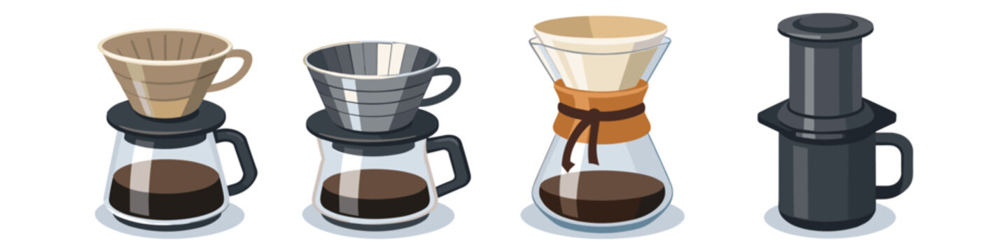 Collection of pour-over coffee makers and Aeropress for brewing delicious coffee