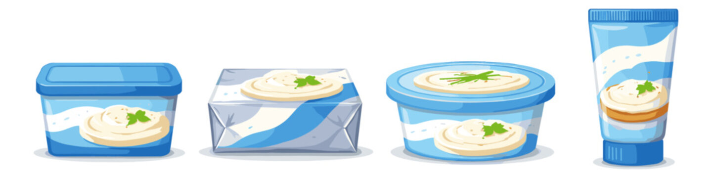 Assortment of creamy spreads in various blue packaging for dairy products