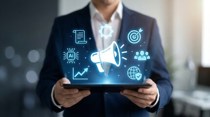 Fototapeta premium A businessman holds a tablet displaying business icons and a central megaphone, symbolizing digital marketing, advertising, and communication strategy.
