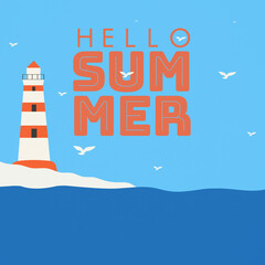 Coastal flat design featuring a red and white striped lighthouse on a rocky shore. "Hello Summer" text, seagulls, and blue waves create a nautical, breezy, and modern seasonal aesthetic. © abdy Abdilah48