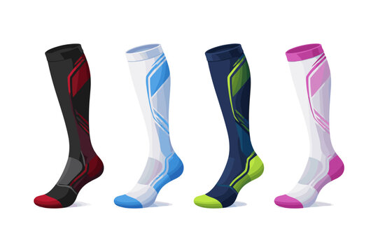 Collection of four athletic knee-high socks in vibrant colors and modern designs
