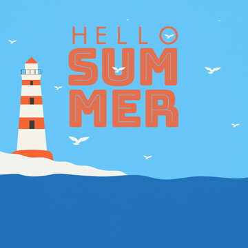 Coastal flat design featuring a red and white striped lighthouse on a rocky shore. "Hello Summer" text, seagulls, and blue waves create a nautical, breezy, and modern seasonal aesthetic.