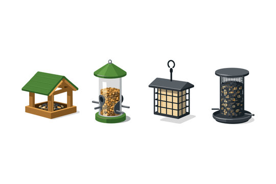 Collection of four different bird feeders with seeds and suet cakes