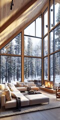 Fototapeta premium Breathtaking Alpine Retreat with Cozy Interiors Overlooking Serene Snowy Landscape and Mountains