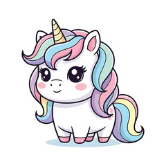 Fototapeta premium Cute Kawaii Baby Unicorn Vector Illustration with Rainbow Mane and Tail
