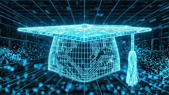 Glowing Digital Graduation Cap With Circuitry Design Rotating in a Futuristic Grid