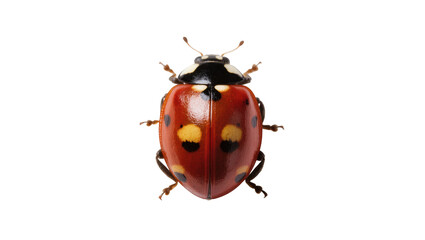 Vibrant red ladybug beetle with distinctive black and yellow spots, top view of insect © Trym