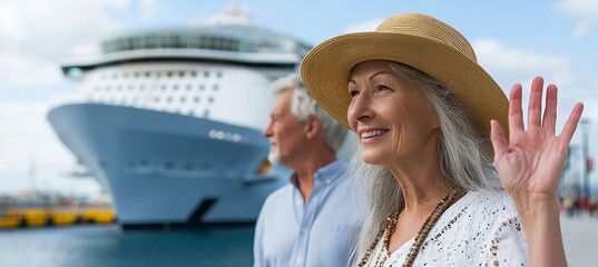 Fototapeta premium Joyful Senior Couple Embracing New Adventure as They Greet Cruise Ship for Exciting Holiday Trip