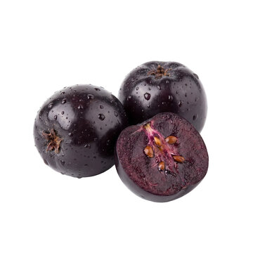 Vibrant purple star apples, a tropical delight with an alluring, dreamlike appearance, glistening with fresh water droplets, presented beautifully