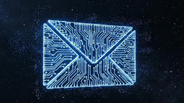 Glowing Digital Email Envelope With Circuit Board Pattern Forming Against Starry Particle Background