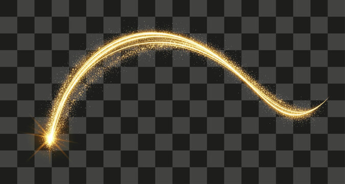 Golden light trail gracefully arcing across an ethereal dark space with luminous particles