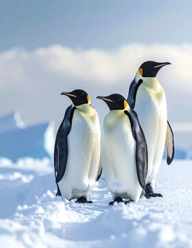 Three emperor penguins stand on a snowy landscape under a cloudy sky.