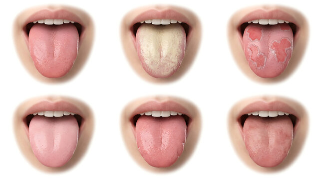 Comparative illustration of human tongue health conditions including oral thrush, geographic tongue, and healthy anatomy.