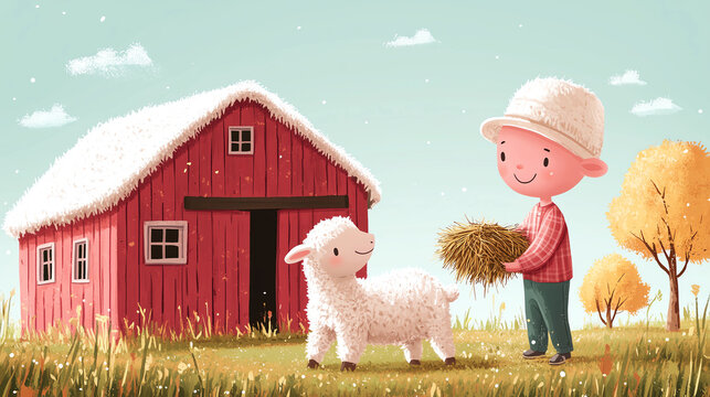 Cute Boy Feeding Lamb Near Red Barn in Autumn Farm Illustration