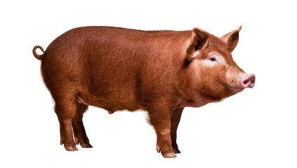 Fototapeta premium A robust reddish-brown domestic pig standing calmly in profile, healthy farm animal