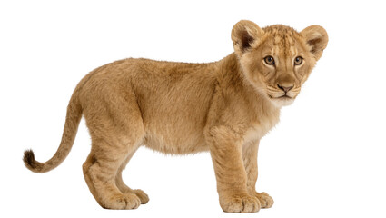 Obraz premium Adorable lion cub standing and looking curious, a captivating young wild animal portrait