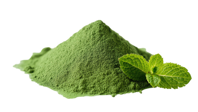 Fresh green powder mound with aromatic mint leaves for healthy drinks and detox