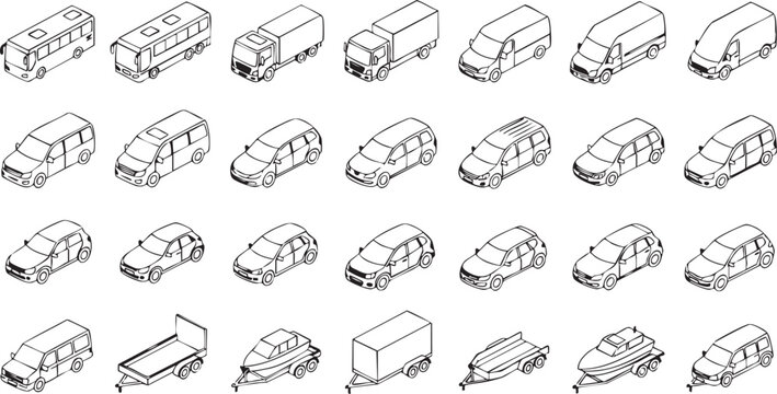Isometric vehicles collection including cars trucks vans buses and boats on trailers