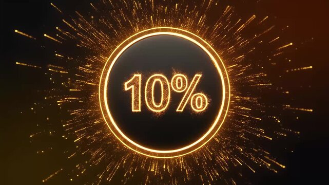 Glowing ten percent symbol with golden particles bursting outwards on a dark background percentage discount