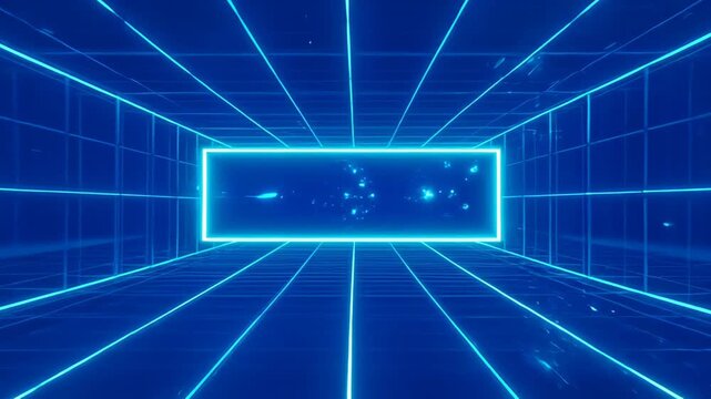 Neon grid corridor with glowing blue lines and luminous rectangular portal futuristic digital tunnel emitting ambient light and energized atmosphere neon grid room with glowing blue lines futuristic
