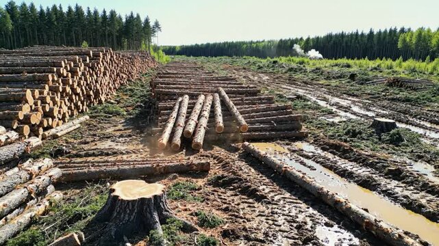 Lumbering site showcasing cut trees, stacked logs, and forest clearing with a view of the distant trees