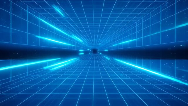 Futuristic grid tunnel blue neon cyberspace corridor glowing perspective digital virtual pathway sci fi interior reflective floor vanishing point atmospheric depth symmetry immersive motion neon