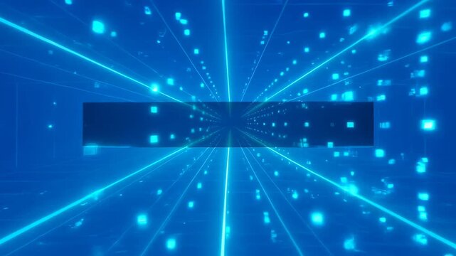 Blue digital tunnel with glowing neon light cubes and floating data futuristic digital technology neon tunnel glowing with blue grid lines converging into dark cube panel creating energetic motion