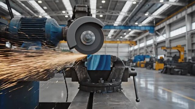 Industrial metal cutting process with sparks flying from the spinning saw blade in a workshop environment.